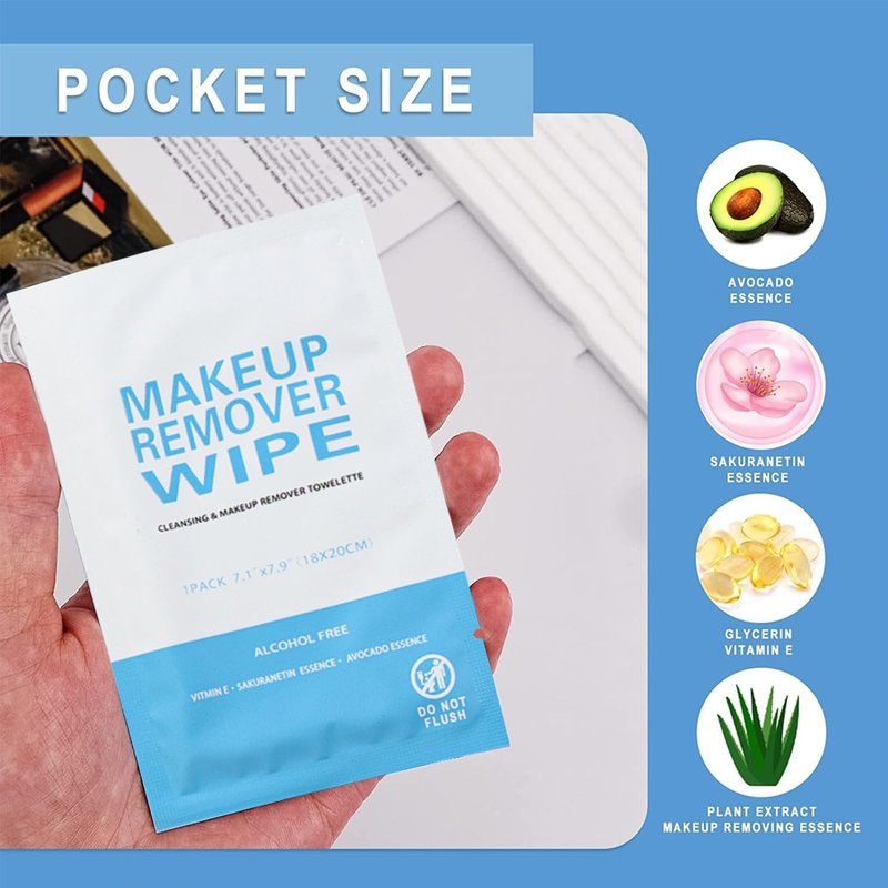 50 Pack Individual Makeup Remover Wipes, Individually Wrapped Face Cleansing Wipes, Travel Makeup Remover Cloth for Travel, Hotel Skin Care(Blue)