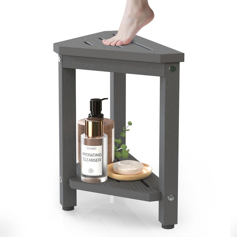 Shower Foot Rest 14in, HIPS Waterproof Shower Stool for Inside Shower, Corner Shower Stool for Shaving Legs with Storage Shelf, Shower Step Stool for Small Space, Plastic Corner Shower Bench, Grey