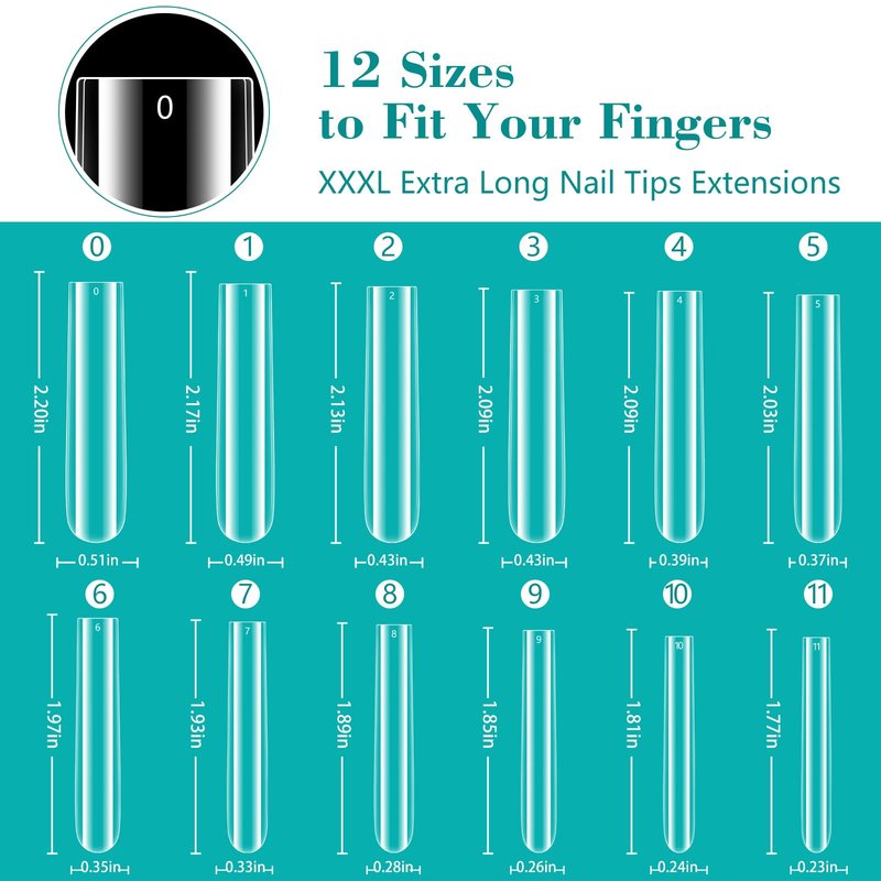 LIONVISON 3XL Clear Full Cover Nail Tips for Acrylic Nails Professional, 240PCS Extra Long Tapered Square, 12 Sizes Straight Press On Gel Nail Tips for Nail Salons Home DIY
