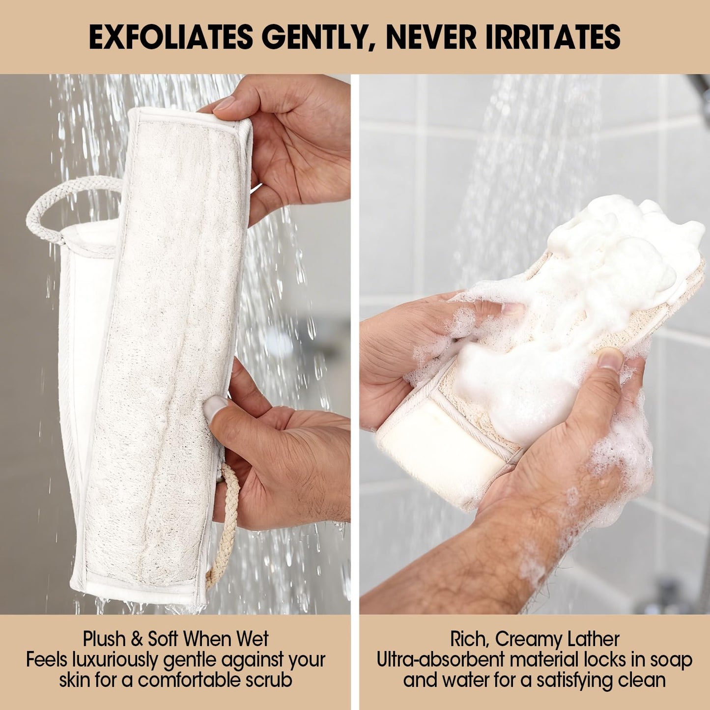 Loofah Back Scrubber with Handle, Natural Exfoliating Shower Sponge, Deep Clean Back Scrub for All Skin Types, Durable Bath Loofah for Daily Use
