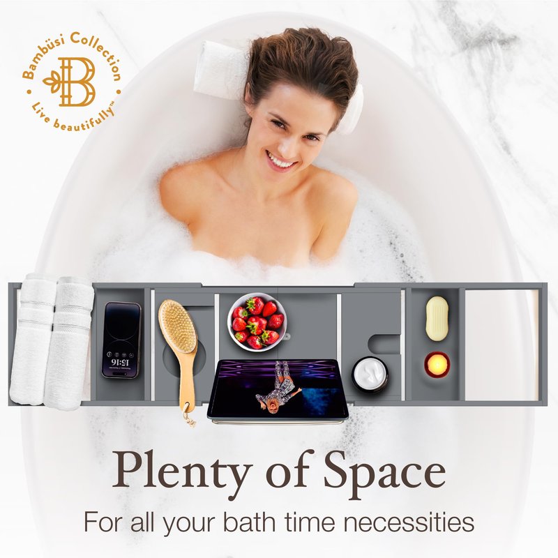 Bamboo Bathtub Tray Caddy - Expandable Wooden Bathroom Tray - Adjustable Bathroom Tray for Tub - Luxury Bath Caddy Tub Table - Gift Idea for Loved Ones (Grey)