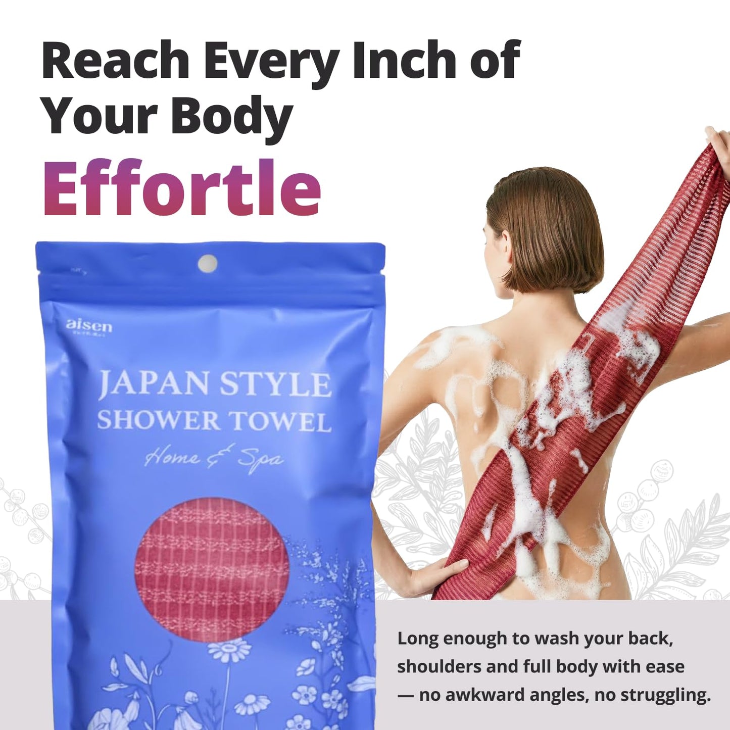 aisen Japan - Gentle Exfoliating Shower Towel, Ultra-Soft Japanese Nylon Body Scrubber, Long 47" Back Towel, Quick-Dry, Colorfast & Odor-Resistant, Made in Japan | Home & Spa (Wine Red)