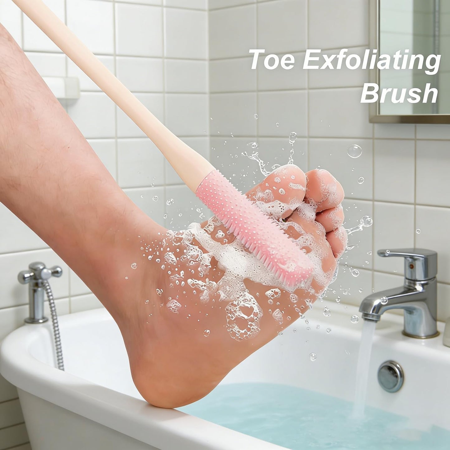 Toe Cleaning Brush, 15.7" Foot Scrubber with Long Handle Silicone Toe Gap Cleaner, Soft Rubber Brush Exfoliating Foot Scrubber for Shower - Seniors, Men and Women (Grey, 1 Set)