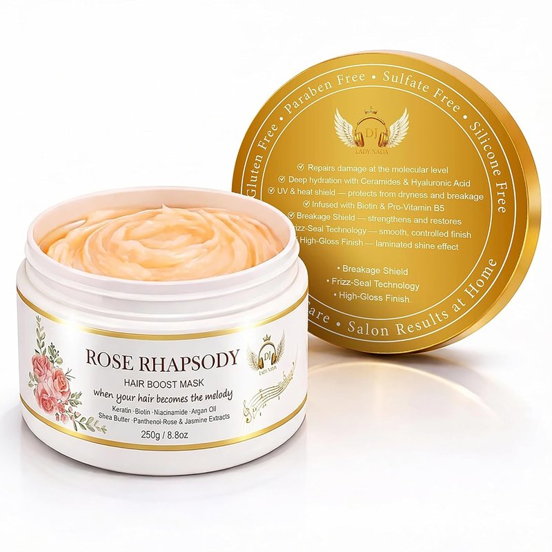 DJ LADY NADA Rose Rhapsody Hair Mask - Deep Repair for Dry & Damaged Hair | Hydrolyzed Keratin, Biotin, Argan Oil - 8.8 oz