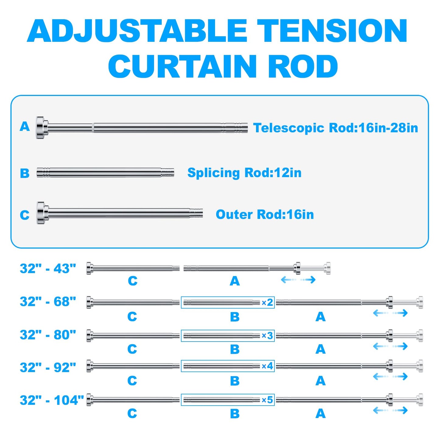 TEECK Shower Curtain Rod, 32-80 inch Adjustable Spring Tension Curtain Rod, Never Rust Anti-Slip Shower Curtain Rod for Bathroom, No Drilling, Never Collapse, Easy to Use, Silver