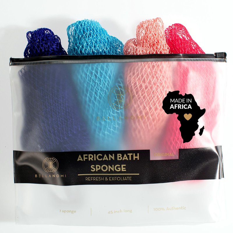 BELLANOMI 4 Piece African Exfoliating Net Sponge Long African Bath Sponge, Authentic Ethically Sourced from Nigeria, Great for Daily Use (Navy Blue, Baby Blue, Blush, Pink)