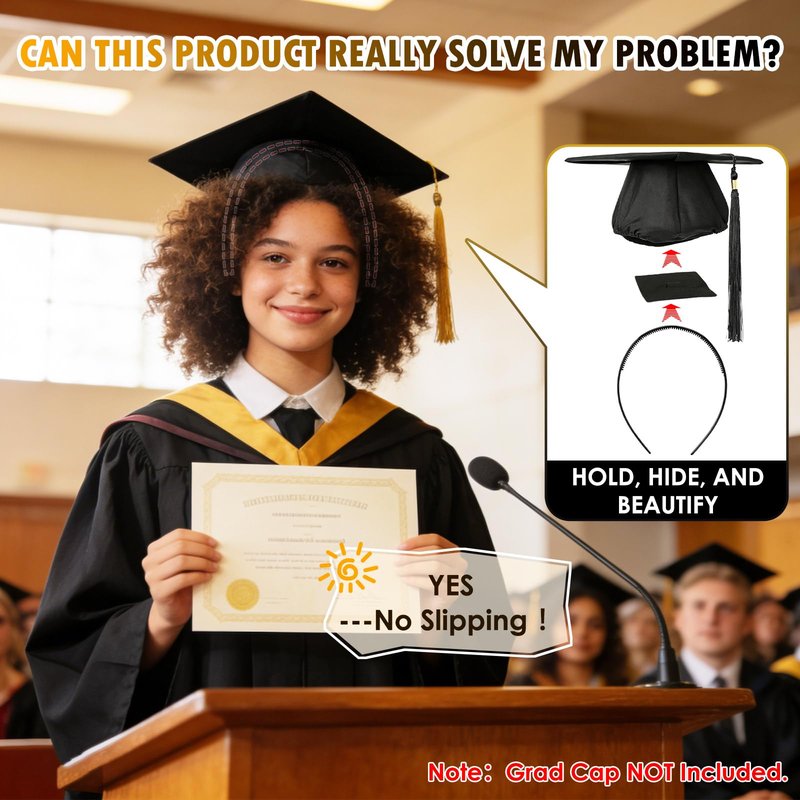 1pc Black Graduation Cap Headband Insert - Anti-Fall Grad Cap Headband for Curly Hair Secures Graduation Hat, Keep Hairstyle for Graduation Day,Essential Graduation Accessories for Women & Men Student