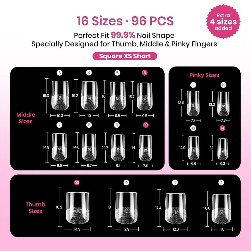 Beetles Nail Tips - Instant Apex XS Square Extensions | 16 Sizes 00-14, No Builder Gel Needed