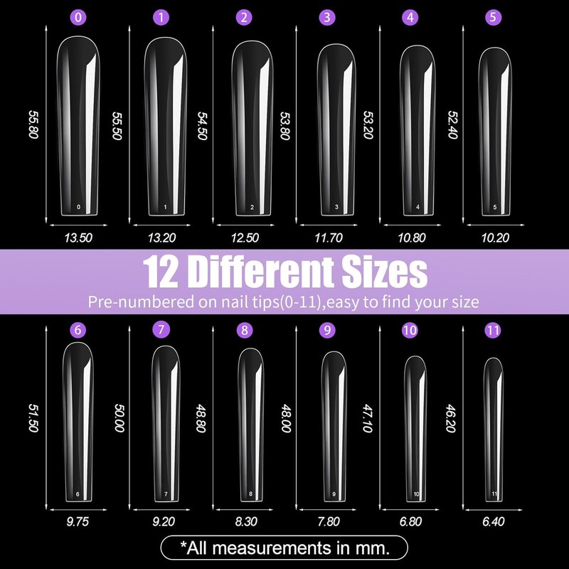 Long Square Nail Tips, 240Pcs Full Cover Soft Gel Nail Tips Pre-Etched 3XL Square Clear Acrylic False Nail Fake Nail Extension Press On for Salon Home DIY 12 Sizes
