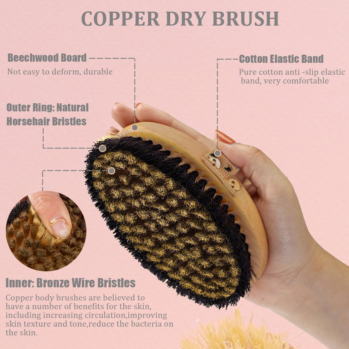 VERYOND Copper Dry Brushing Body Brush with Ion Charged Bristles Dry Brush for Lymphatic Drainage, Exfoliating Body Brushs,Reduce Stress