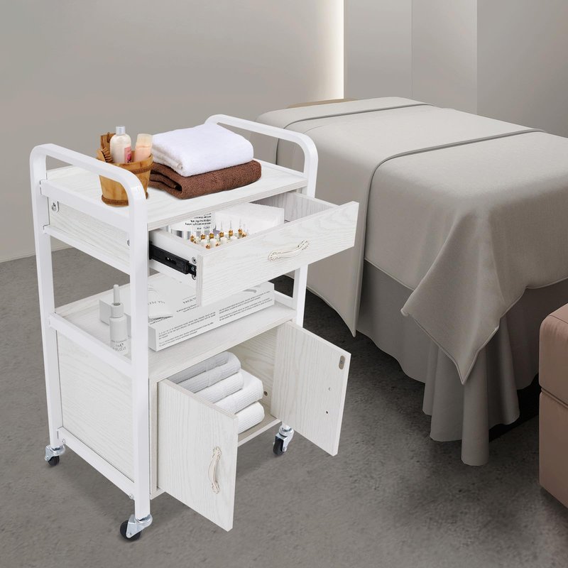 Beauty Salon Utility Trolley Cart for Hair Stylist, Wooden Rolling Storage Cabinet on Wheels, 2-Tier Rolling Medical Stations Cart with Drawers Movable Beauty Organizer (White)