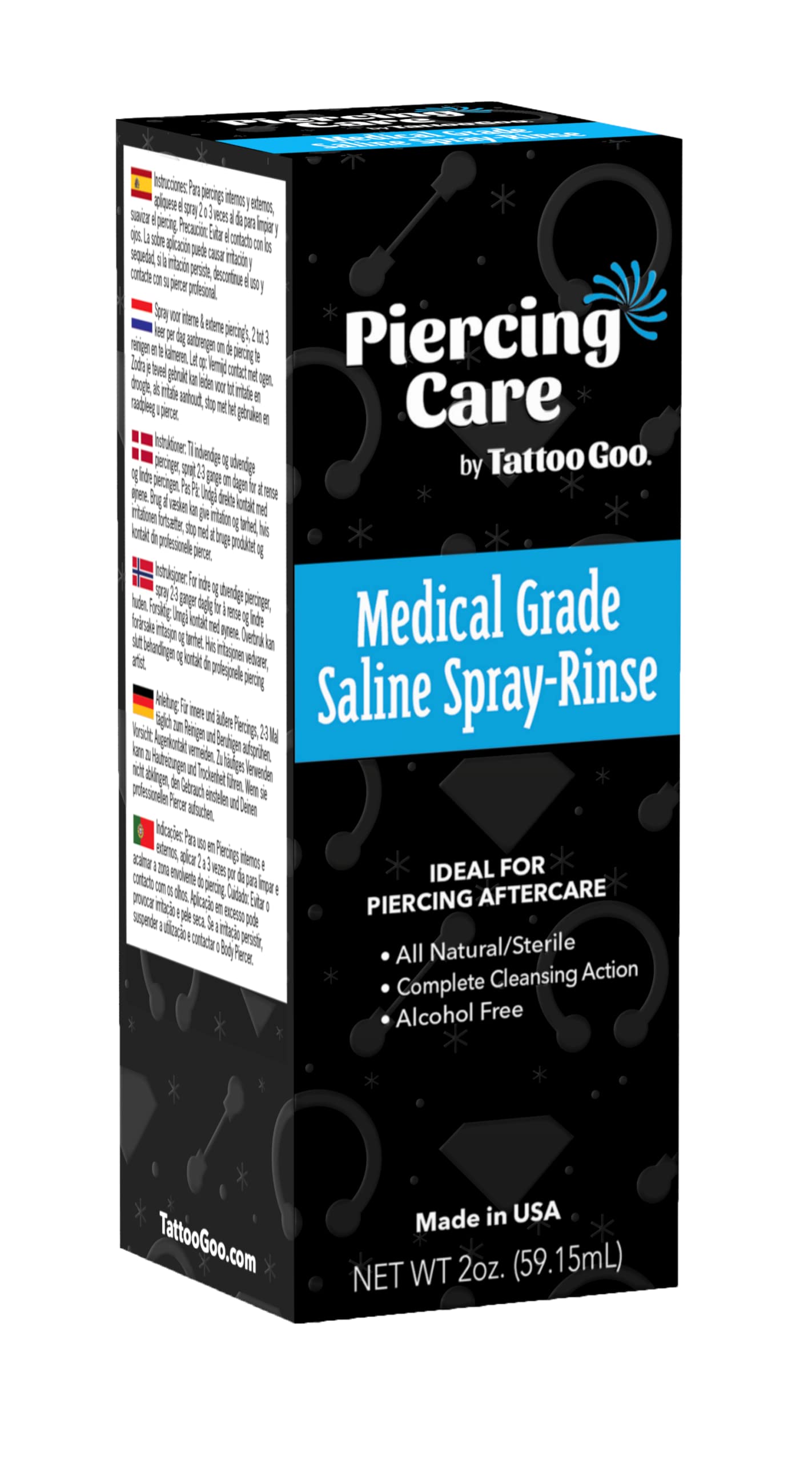 Tattoo Goo Saline-Spray Rinse, Aftercare Spray & Rinse for Piercings - Safely Cleans with Sodium Chloride 99.9% - 2 oz