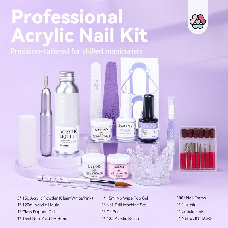 SAVILAND Professional Acrylic Nail Kit with Drill: Nails Kit Acrylic Set with Acrylic Powder, Liquid, Brush, Forms, Top Gel, Cuticle Oil Pen & Manicure Tools for Home DIY and Professional Salon Use