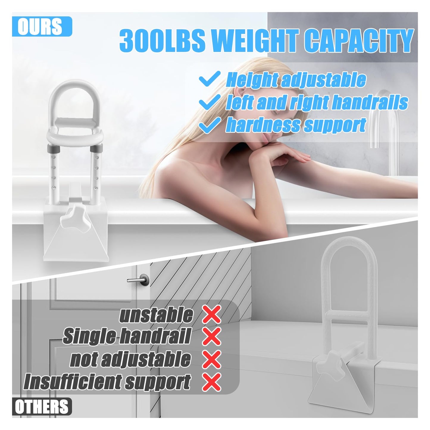 NnsZenith Adjustable Bathtub Safety Rail & Shower Grab Bar for Elderly – Heavy-Duty Support, Height/Width Flexible, Enhanced Bathroom Safety, Sturdy No-Drill Installation, Supports 330 lbs