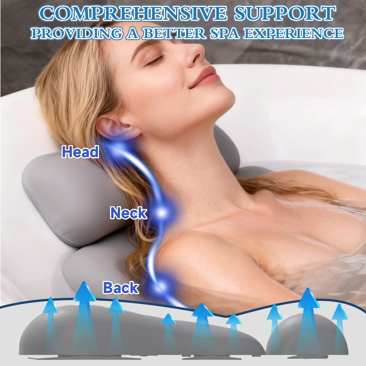 Upgraded Silicone Bath Pillow, 4D Press Inflatable Airbag and Non-Slip Large Suction Cups, Adjustable Head Neck and Back Support, Comfortable Luxury Bath Pillows for Tub, Bath Spa Accessories Gray