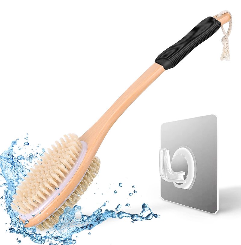 KIPRITII Ergonomically Back Scrubber for Shower,Double-Sided Back Long Handle Wet & Dry Brush for Cellulite and Lymphatic (Black)