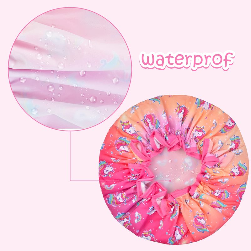 Olypegic Kids Shower Cap, 3 Pcs Girls Shower Cap for Kids Reusable Waterproof Adjustable Large Hair Cap Unicorn Mermaid Rainbow Cute Hair Cover Hat