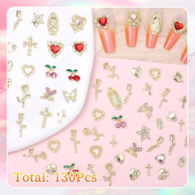 Gold Cross Star Nail Charms Set - 130 Pcs Heart & Flower Designs for DIY Acrylic Nails | Y2K Style