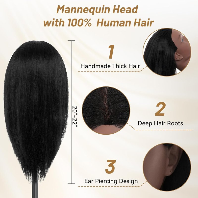 20"- 22" Mannequin Head with 100% Human Hair, Cosmetology Manikin Doll Head Real Human Hair Mannequin Head for Braiding Hairstylists Cosmetology Students Practice Styling with Free Clamp Holder