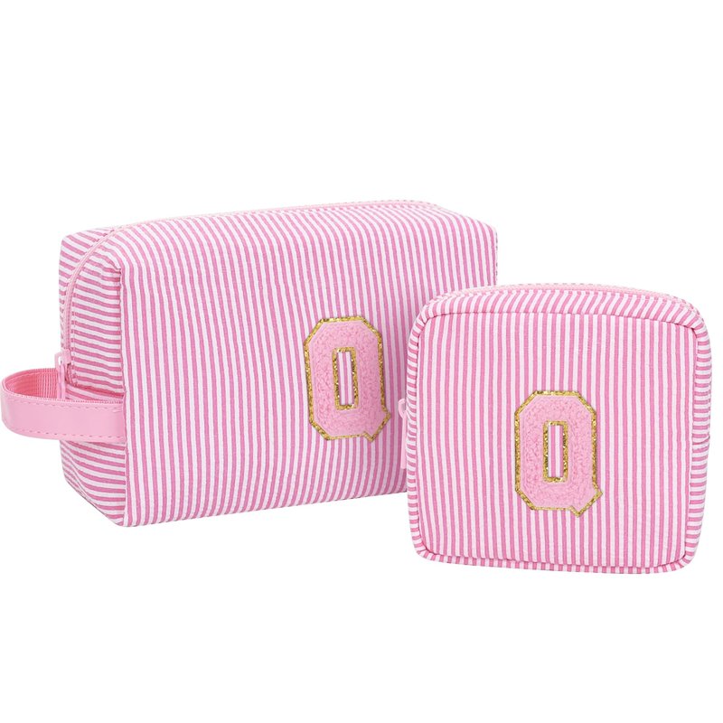 MONSTINA Preppy Chenille Makeup Bag|Personalized Initial Bags with Zipper,Cute Makeup Pouch Stripe Cosmetic Bag,Birthday Gift for Daughter|Preppy Things for Girls,2PCS Pink Q