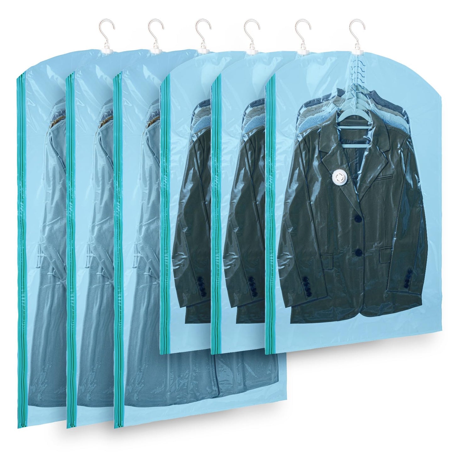 LEVERLOC Hanging Vacuum Storage Seal Space Saver Bags for Clothes, Coat, Blue,3 Long 3 Medium