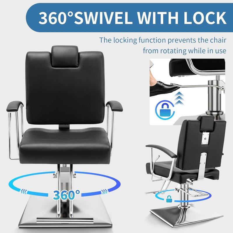 Barber Chair by [Brand Name] - Heavy Duty Reclining Design with Adjustable Height & 360° Swivel - Max Load 440 Lbs (Black)