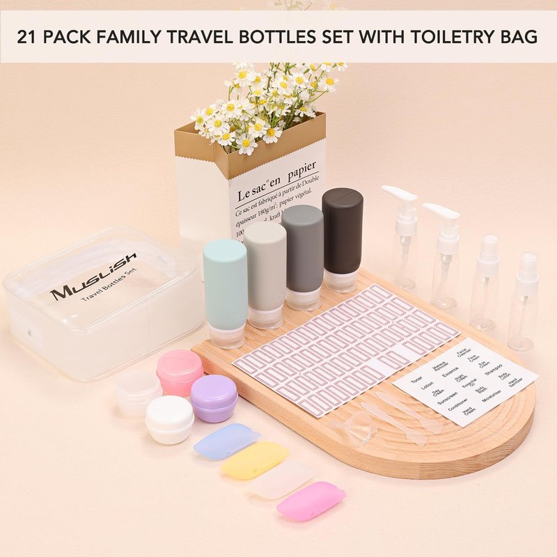Muslish 21 Pack Travel Bottles for Toiletries, Leak-Proof TSA Compliant Silicone Travel Size Containers for Shampoo and Conditioner, BPA Free with Toiletry Bag (Gray)