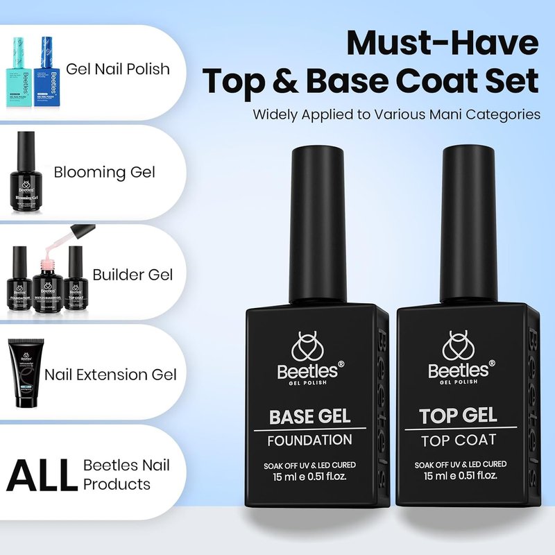 Beetles No Wipe Gel Top Coat & Base Coat Set - 2Pcs 15ml | Super Shiny, Long Lasting Nail Polish