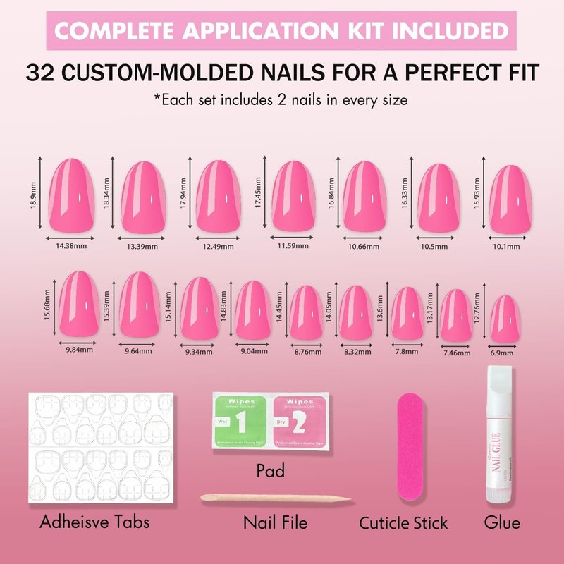 KQueenest Press On Nails - Pale Pink Oval Extra Short | 32 Pcs, 16 Sizes, Reusable Glossy Design