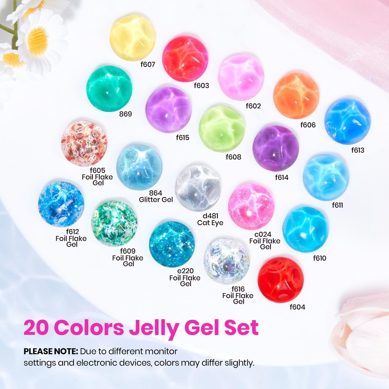 Beetles Jelly Gel Nail Polish Set - 20 Colors Summer Neon Rainbow Pink Yellow Purple Glitter Gel, Soak Off UV LED Gel Nail Kit with Base Matte Top Coat DIY Nail Art Sunbeam Jelly Gift for Women