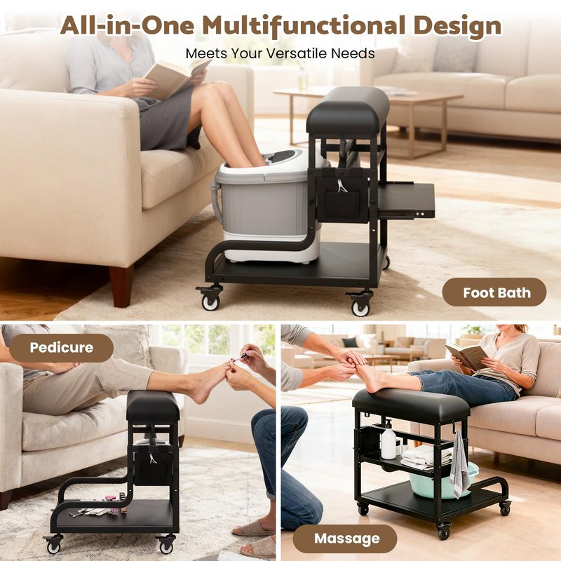 Adjustable Pedicure Foot Rest with 3-Level Height, PU Cushion, Storage & Locking Wheels, Mobile Pedicure Cart Foot Bath Trolley for Foot Bath, Salon & Spa (Black)