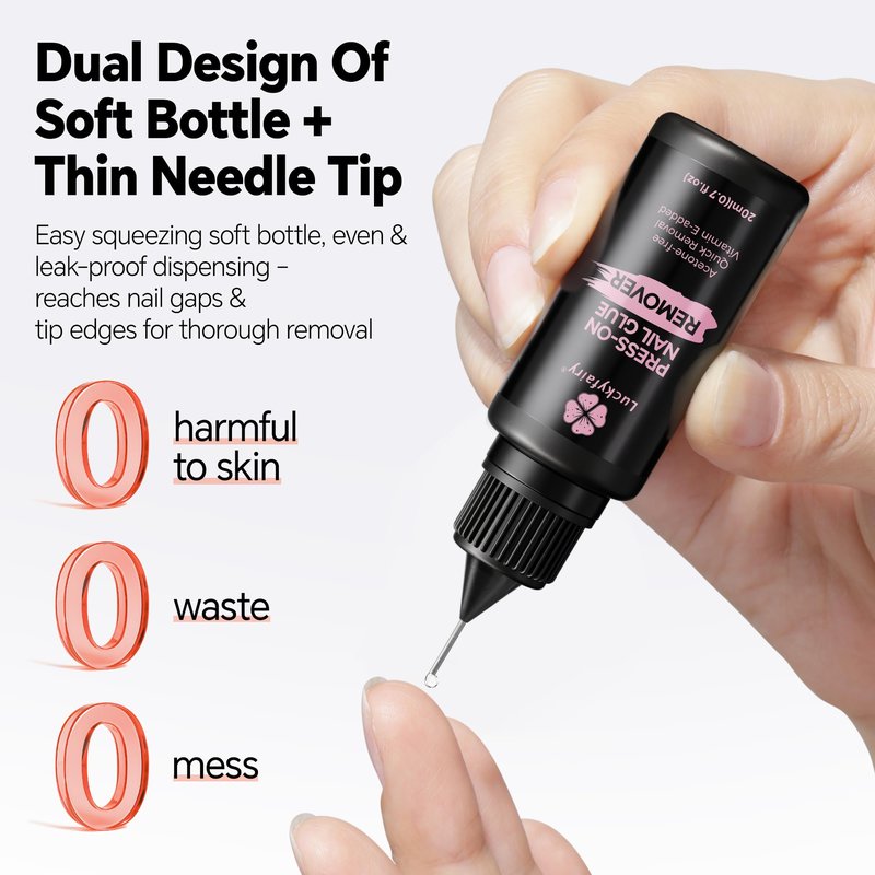 Pinpoint Press On Nail Remover: 2PCS 20ml Non-Acetone Nail Glue Remover with Cuticle Pusher, Multi-Functional Remover for Nails Tips, Gentle Nail Polish Remover with Upgraded Quick Easy Removal