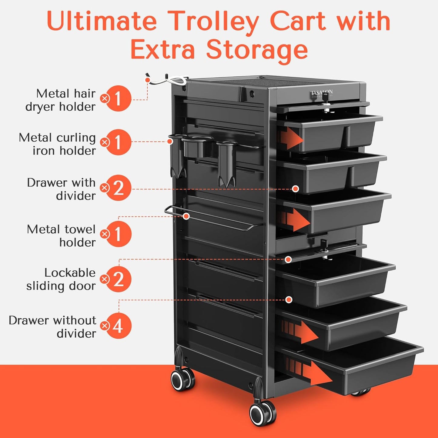 TASALON Lockable Salon Trolley - 6-Drawer Rolling Beauty Cart with Tool Holders | Mobile Hair Stylist Station in Black