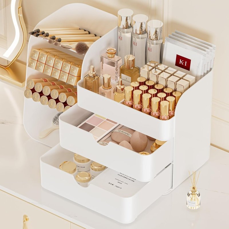 Makeup Organizer - Vanity Cosmetic Display Case with Drawers | White Bathroom Storage Caddy for Skincare & Beauty Tools