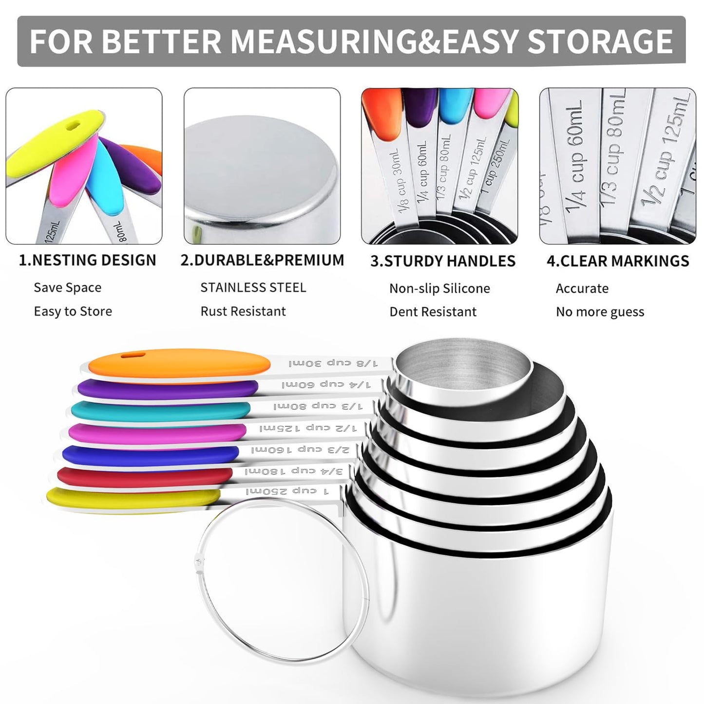 Magnetic Measuring Spoons Set and Measuring Cups Heavy Duty Stainless Steel Fits in Spice Jars for Baking & Cooking (14)