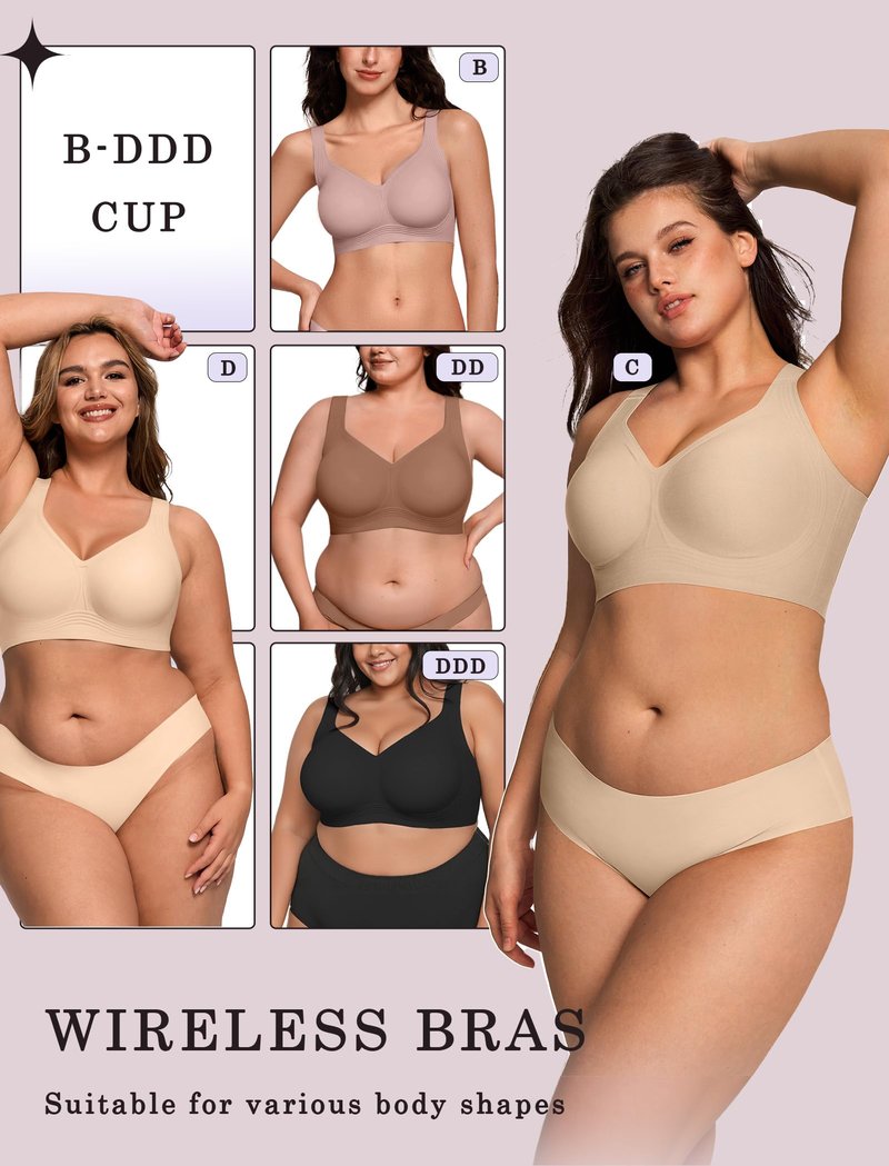 OEAK Womens Wireless Jelly Bra Plus Size Supportive Seamless Bras Full Coverage Push Up Comfortable No Underwire Tshirt Bras Creamy Beige XL