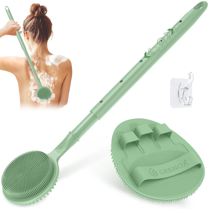 GEENOA Silicone Back Scrubber & Soft Bath Glove 2PCS, 16''- 24'' Extendable Shower Scrubber with Dual-Side Head, 360° Anti-Slip & Hand-fit Silicone Body Scrubber for Rich Foaming Deep Cleaning(Green)