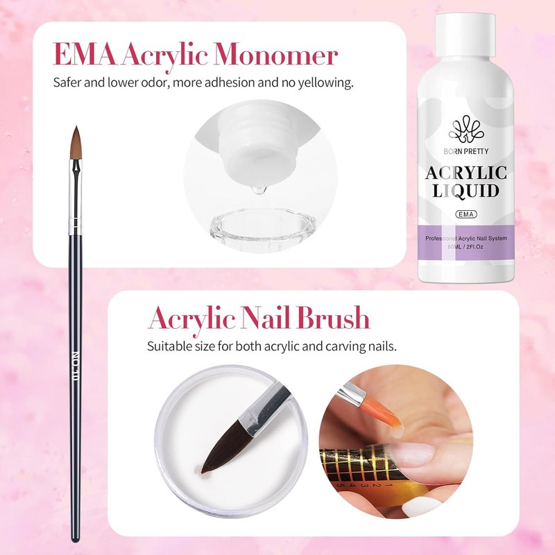 BORN PRETTY Acrylic Nail Kit - Clear, White & Pink Powder with Liquid, Forms, Brush & File | Beginner Friendly