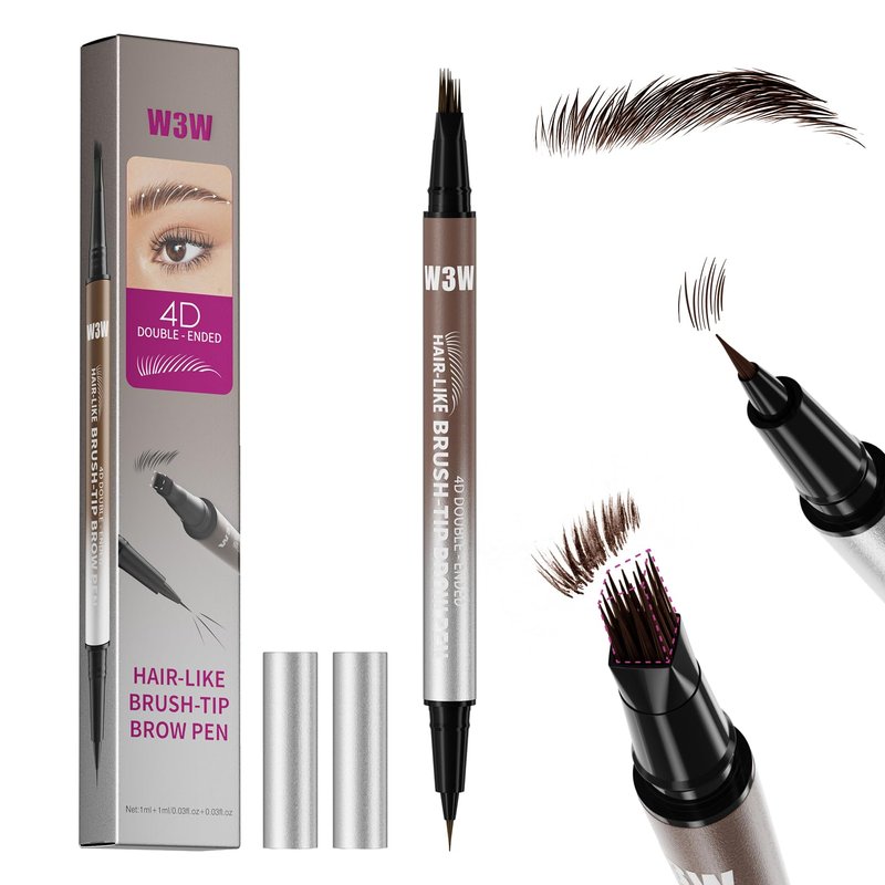 Eyebrow Pencils for Women, W3W 4D Dual-Ended Brow Pen, Angled Square Tip + Ultra-Fine Brush Tip, Waterproof Smudge-Proof, Natural Hair-Like Strokes, Dark Brown (Brunette)