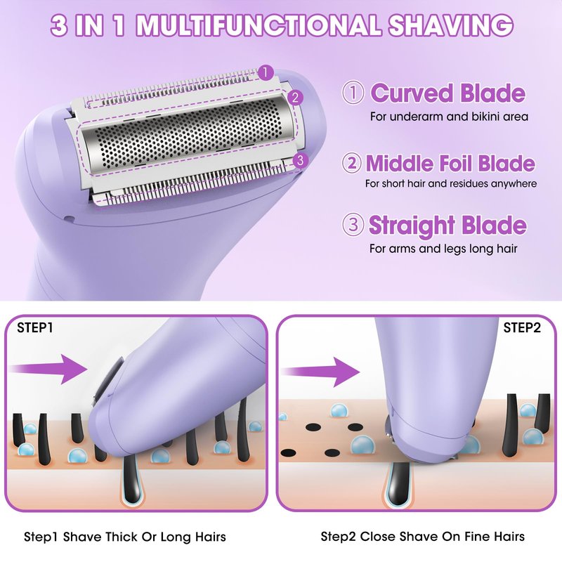 Bikini Trimmer Electric Razors for Women,3 in 1 Body Hair Removal Kit for Face,Pubic,Arm, Leg, Armpit, Bikini Trimmer,Painless IPX6 Waterproof Rechargeable Portable Lady Shavers Wet & Dry Gifts