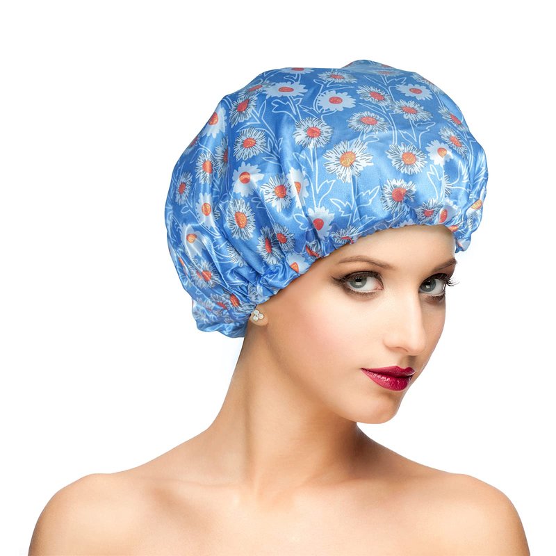Reusable Shower Cap, Hair Cap, Oversized Waterproof Shower Caps Large Designed for all Hair Lengths with PEVA Lining & Elastic Band Stretch Shower Hat - Blue Flower Shower Caps for Women