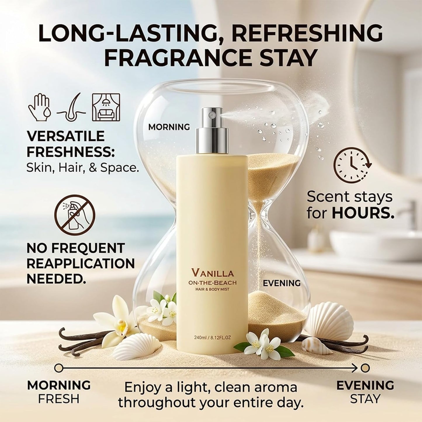 Vanilla on the Beach Hair and Body Mist - Long-Lasting Coconut & Vanilla Fragrance Spray, 8.11 fl oz