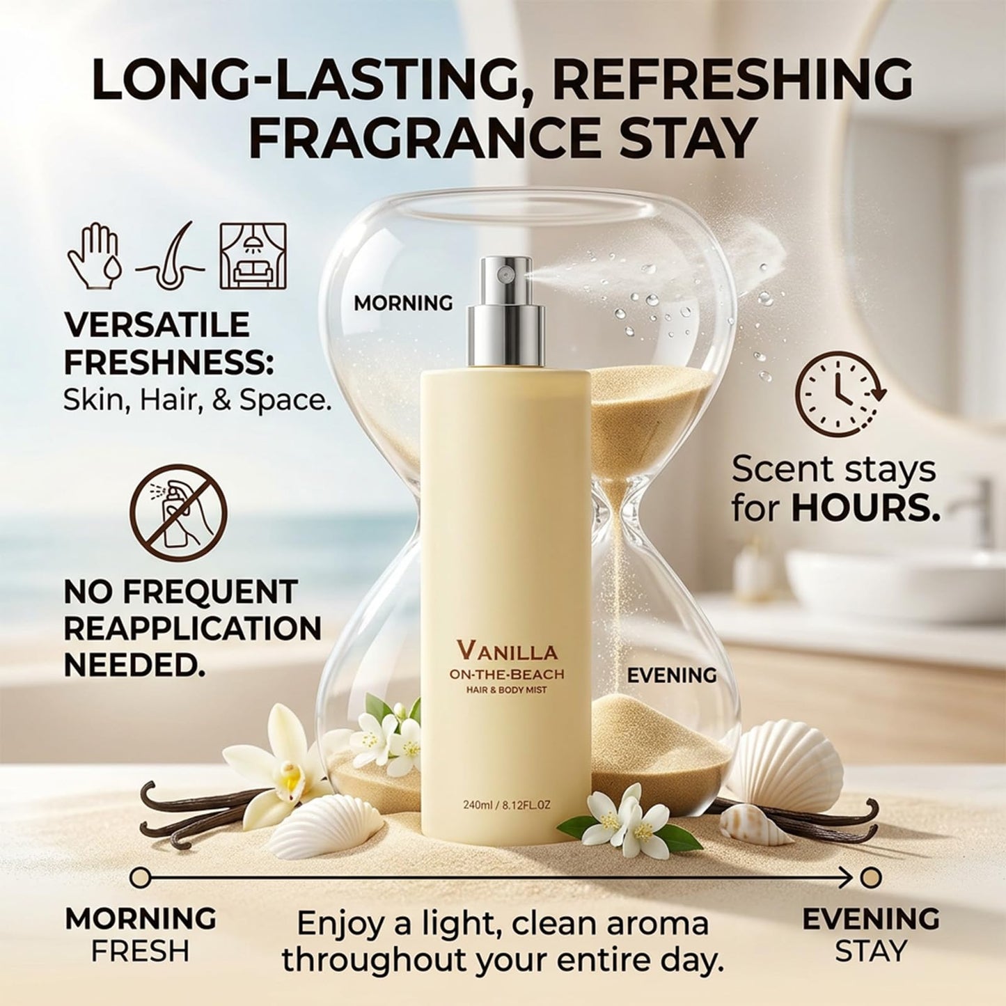 Vanilla on the Beach Hair and Body Mist, Vanilla Ocean Fragrance Spray, Lightweight Fragrance Spray, Warm Coconut & Vanilla Scent for Hair and Skin, Long-Lasting Summer Mist, 8.11 fl oz (1 Pcs)