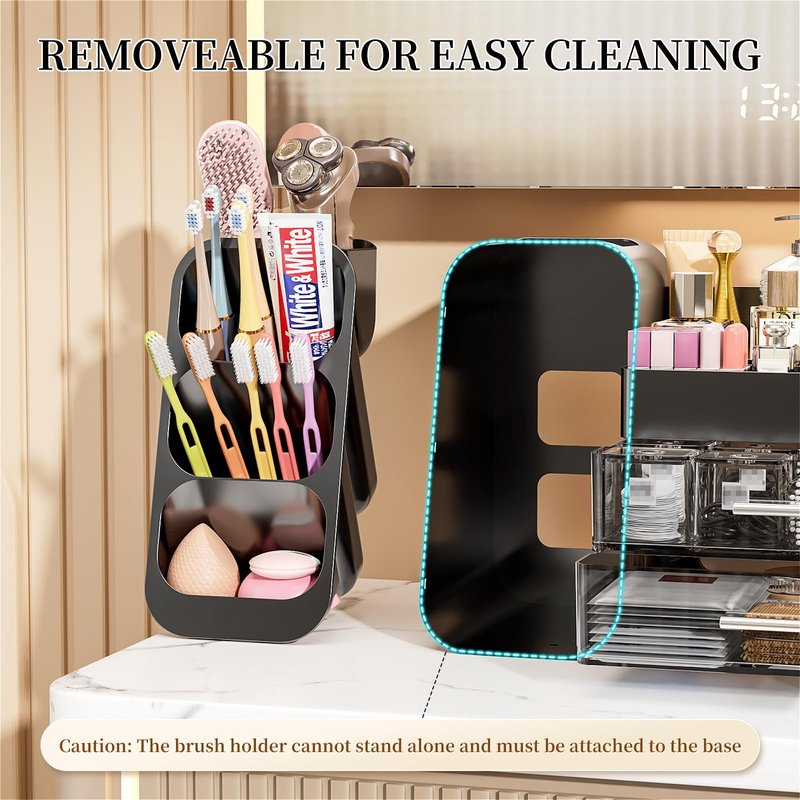 Makeup Organizer with Drawers for Vanity Bathroom Counter Organizers and Storage, Large Skincare Organizer with Brush Toothbrush Holder for Perfume, Nail Polish, Dresser, Office Supplies, Black