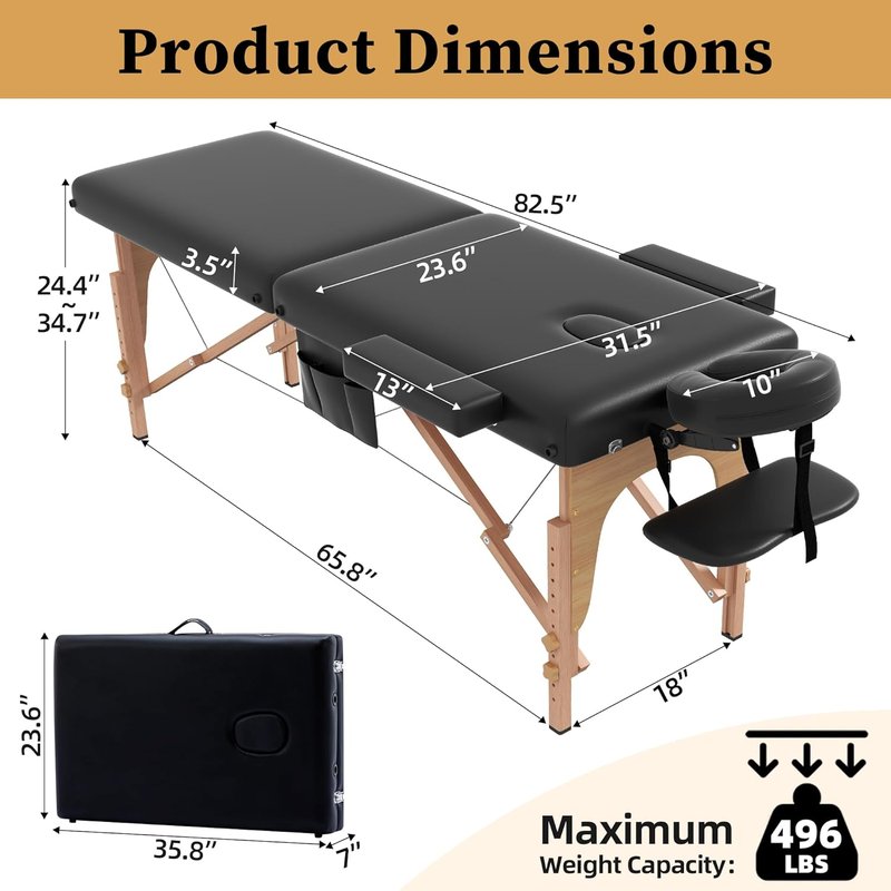 Civama Massage Table - Portable 2-Section Foldable Bed | Lightweight, Height Adjustable, Black with Carrying Bag