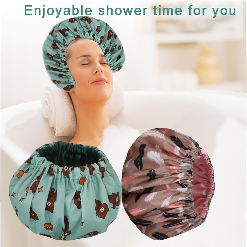 2Pcs Genergy Shower Cap Waterproof, Adjustable Shower Cap for Women Reusable, Luxury Extra Large Shower Caps, Extra Large &Double Layers &Reversible Satin Lined Bonnet(Pink+ Green flower)