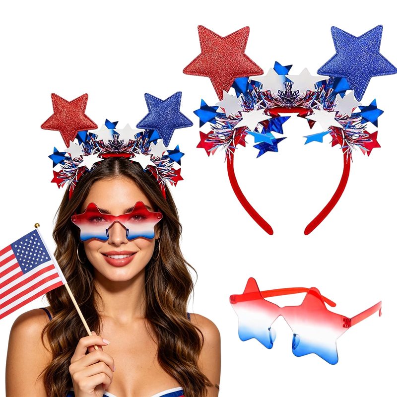 4th of July Patriotic Headband and Star Sunglasses Set Red White Blue Glitter Star Headband with Tinsel Independence Day Accessories for Women Novelty Glasses for 250th Anniversary Parade Photo Booth