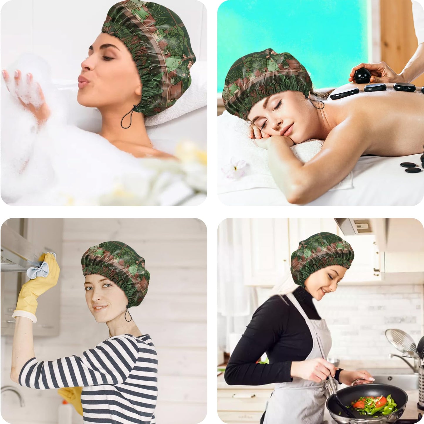 Cabreche 2 PCS Shower Cap Reusable Waterproof Double Layers Hair Caps Shower Bath Adjustable Elastic Hat for Women Girls Cute Aesthetic-Sea Turtle Frog