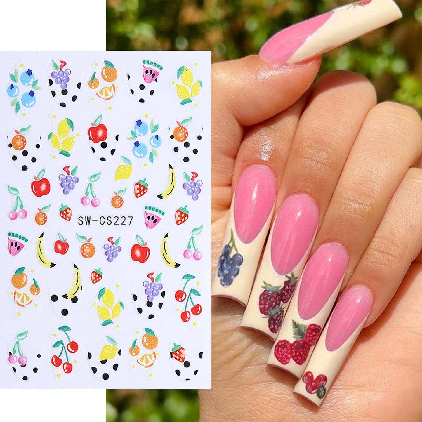 Summer Nail Art Stickers 3D Self-Adhesive Nail Decals Lemon Strawberry Blueberry Stickers for Nails Designs Cute Fruit Manicure Supplies for Women DIY Nail Art Decorations, 5 Sheets