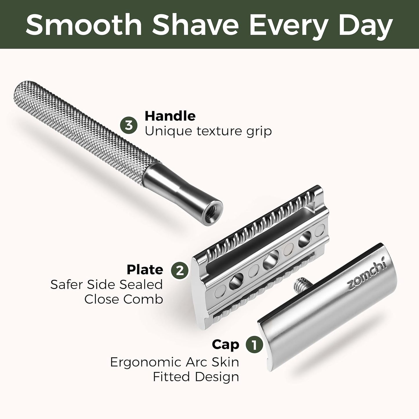 ZOMCHI Double Edge Safety Razor for Men & Women, Metal Razor with 5 Double Edge Safety Razor Blades, Single Blade Razor – Silver